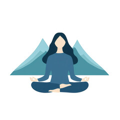Illustration of a serene woman meditating with mountains in the background.
