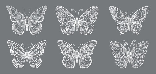 Série de 6 papillons dessinés style filaire, comme de petits insectes en dentelle blanche.  © ID-EasyDoor