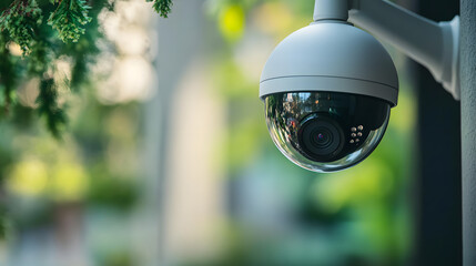 Security Lens on Nature: A modern surveillance camera keeps watch, blending seamlessly with the serene outdoor setting, emphasizing safety and observation with a focus on environmental harmony.
