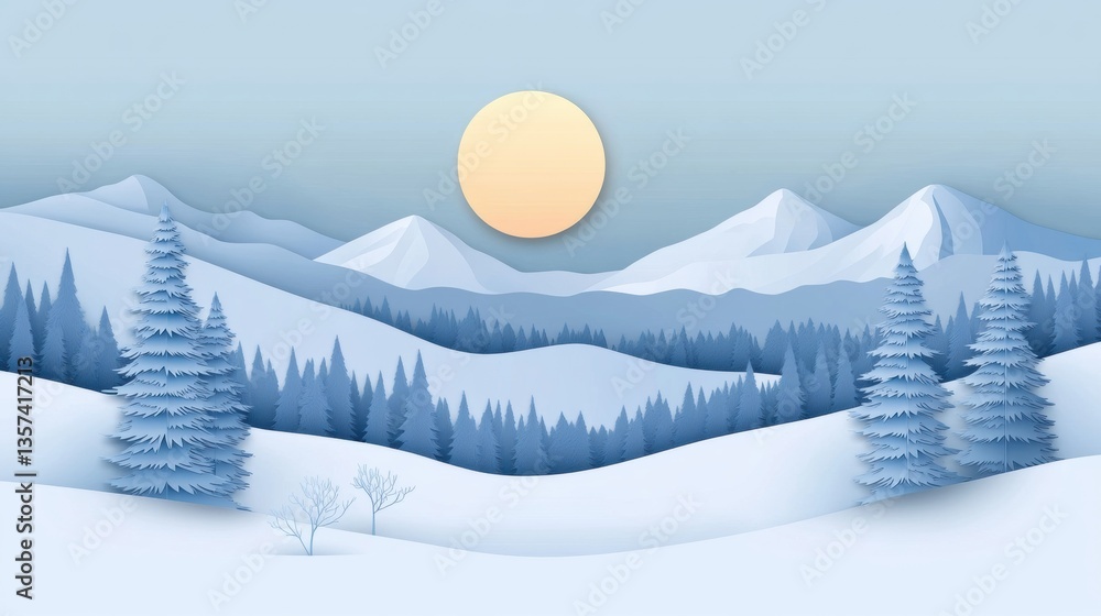 Poster winter landscape with snowy mountains and pine trees in peaceful paper cut style against a soft blue