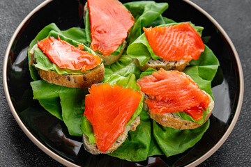 Salmon sandwich red fish seafood appetizer dish fresh tasty gourmet food background on table rustic food top view copy space pescetarian diet