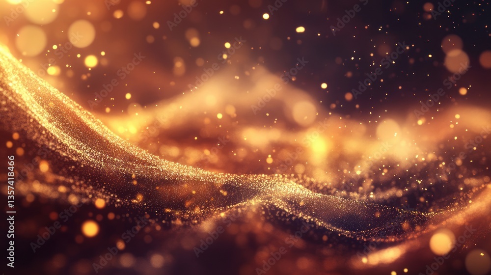 Poster abstract golden particles flowing in a dynamic wave pattern against a blurred dark background