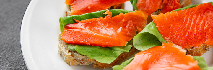 Salmon sandwich red fish seafood appetizer dish fresh tasty gourmet food background on table rustic food top view copy space pescetarian diet
