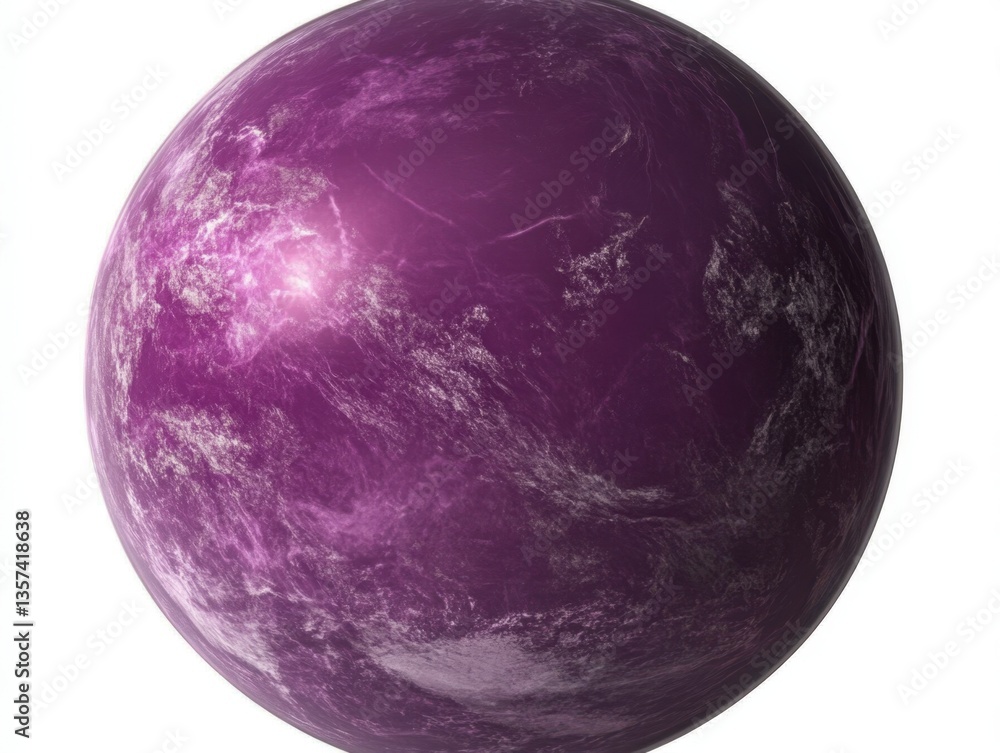 Poster ethereal violet planet with swirling clouds against a stark white background creating a celestial sp