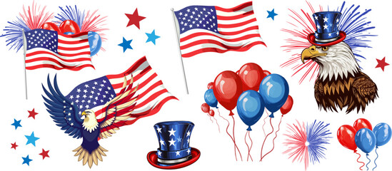 American patriotic design elements. American eagle,  usa flag, red and blue balloons. Vector illustration from ai generated elements.