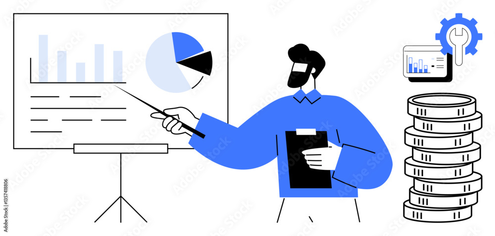 Aufkleber man explaining business growth using charts and graphs on a flip chart. coins and gear icon emphasiz