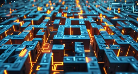 Obraz premium Abstract digital labyrinth with glowing pathways in blue and orange 
