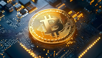 Closeup of a golden Bitcoin on a circuit board, representing cryptocurrency and digital finance in modern technology.