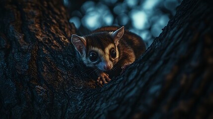 Cute nocturnal animal with big round eyes balancing on a tree in glowing forest