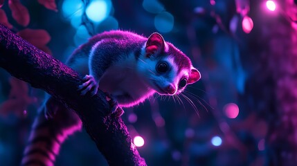 Cute nocturnal animal with big eyes climbing tree in magical forest night photography