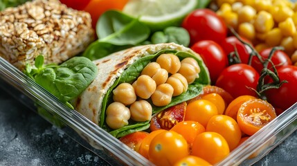 Healthy vegan lunchbox packed with chickpea wrap and fresh veggies. Generative AI
