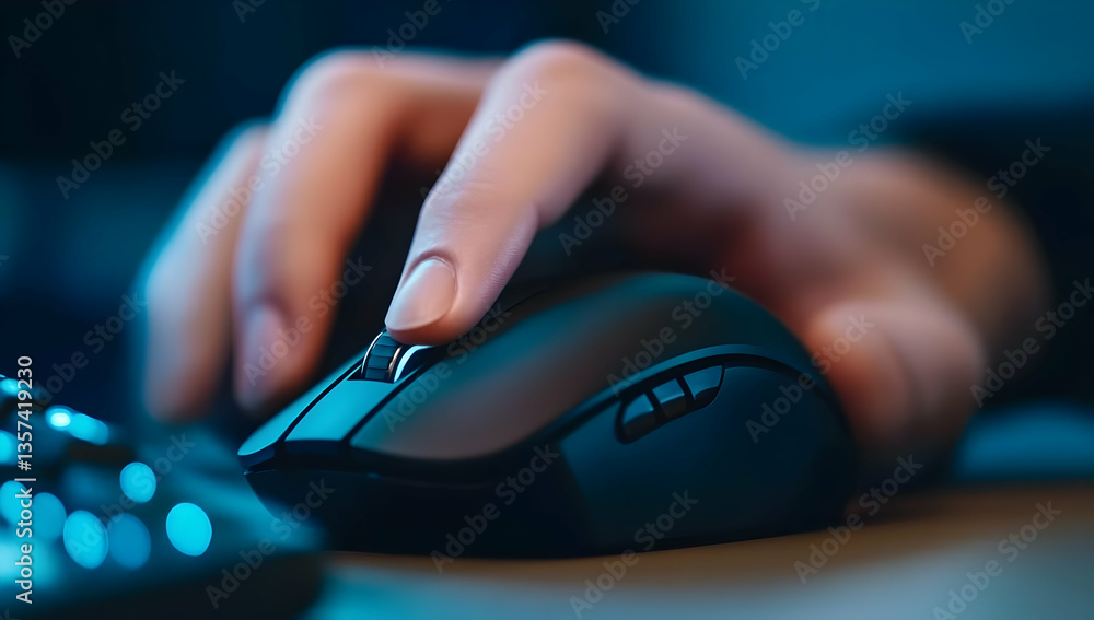 Poster close-up of a hand using a black computer mouse in a modern workspace, highlighting technology in da