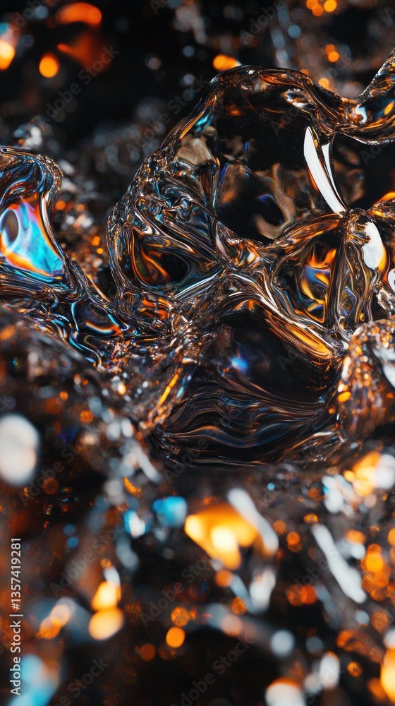 Poster abstract fluid art with swirling patterns and iridescent color blends, dark and moody style emphasiz