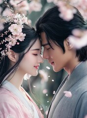 A digital art illustration of a couple gazing intimately under cherry blossom trees