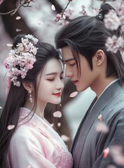 A digital art illustration of a couple gazing intimately under cherry blossom trees