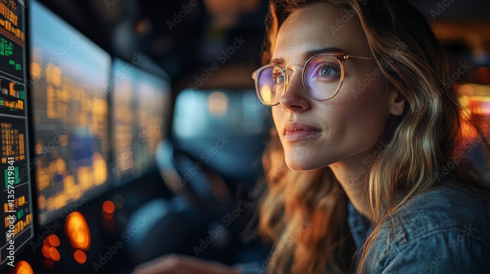 Poster a focused individual in a warehouse logistics hub analyzes inventory information displayed on severa