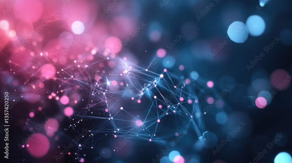 Poster abstract network structure with glowing points pink and blue hues futuristic digital data space tech