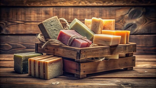 Vintage Soap Box - Rustic Wooden Crate with Antique Soap Bars - Stock Photo