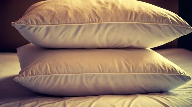 Comfortable bedding setup features soft, white pillows stacked neatly on a cozy, inviting bed in a warmly lit bedroom