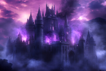 A mystical castle shrouded in purple mist at twilight, surrounded by ominous mountains