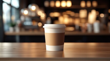Single coffee cup on wooden table in cafe