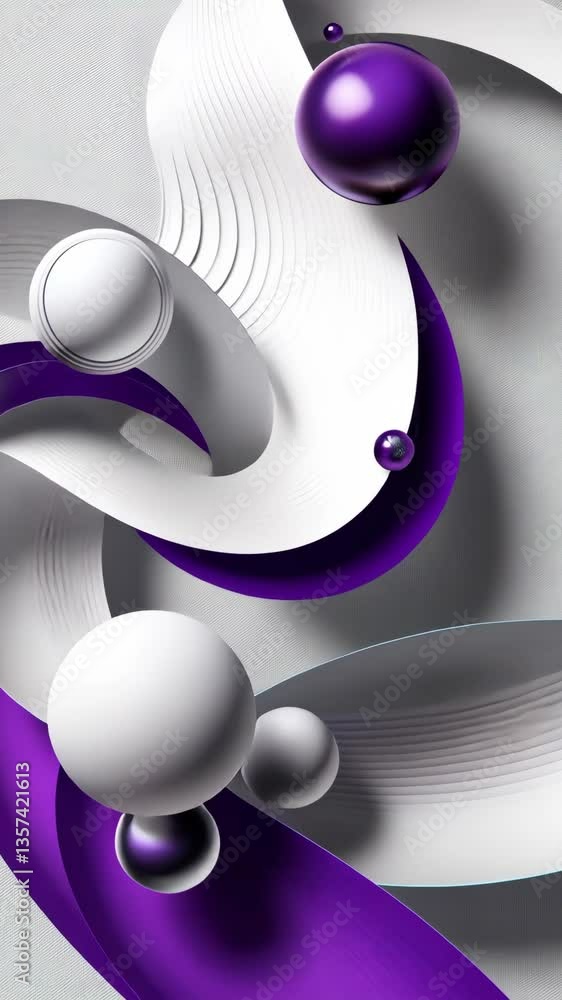 Poster abstract design featuring white and purple curves with spherical elements on a textured background
