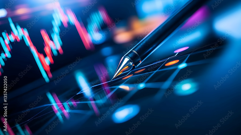 Poster close-up of a stylus writing on a digital screen displaying stock market data and financial graphs, 