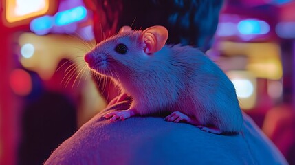 Cute Pet Rat Sitting on Shoulder with Big Eyes and Soft Whiskers in Cozy Home