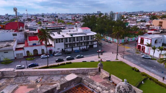 Veracruz, Mexico. February 25, 2025: video overflying the Baluarte de Santiago, a military building from 1635 that formed the integral wall that surrounded the city.