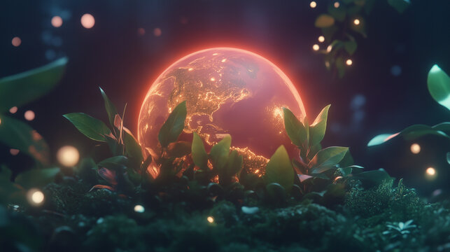 glowing earth in a lush green forest – illustration for earth day, sustainability, environmental conservation, friendly campaigns, climate change awareness, green business branding