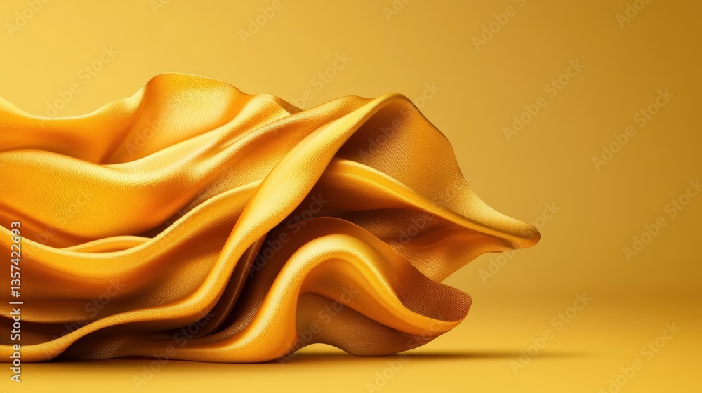 Poster abstract rende of a luxurious golden flowing fabric resembling liquid texture, set against a soft ma
