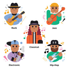 2d vector illustration icon cool entertainment cartoon character  music tools (Drum , Music Note , Headphones ,Microphone , Piano , Guitar ,Record) 
