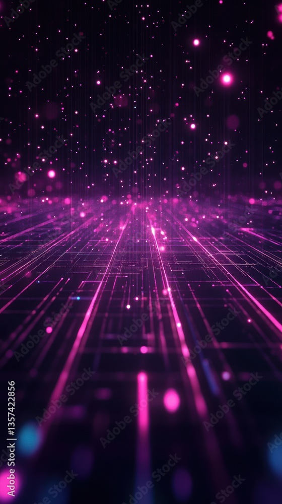 Poster striking futuristic abstract backdrop featuring purple grids and glowing particles ideal for innovat