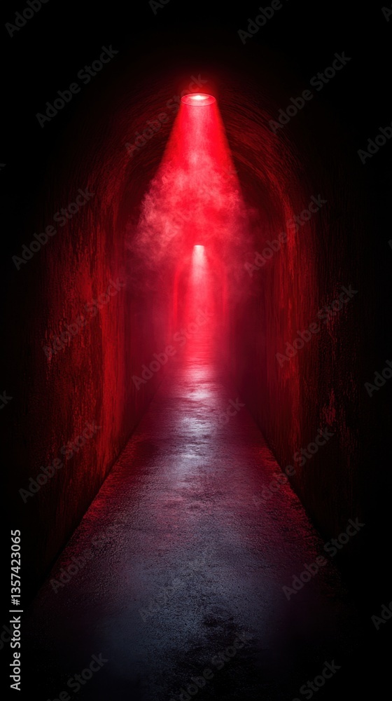 Poster eerie red light illuminates a dark tunnel creating a mysterious and dramatic atmosphere with a vanis