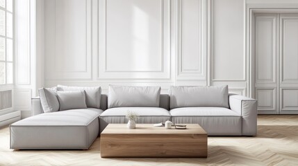 A modern minimalist living room with a soft grey sofa and an elegant wooden coffee table, set on light parquet flooring