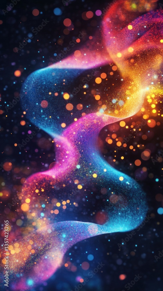 Poster abstract glowing particle flow in vivid colorful spectrum against dark blue background modern digita