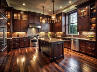 Vintage Style Dark Kitchen: Rich Wood Floors & Cabinets