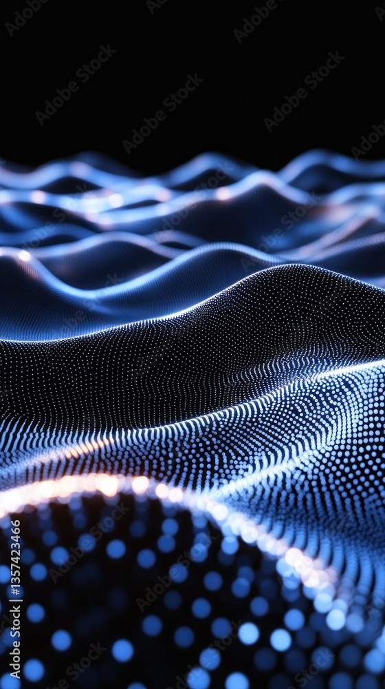 Poster captivating network of digital dots undulates in blue glow against a dark backdrop abstract elegance