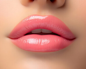 Obraz premium Close-up of beautifully shaped and glossy pink lips, exhibiting a sense of elegance and beauty ideal for cosmetic and fashion themes.