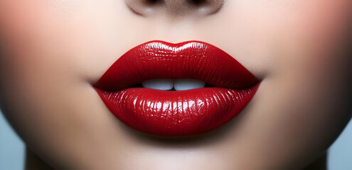 Fototapeta premium Close-up of beautiful lips adorned with vibrant red lipstick, showcasing a glossy finish and perfect contours.