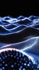 Naklejka premium Captivating network of digital dots undulates in blue glow against a dark backdrop abstract elegance
