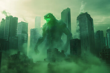 A colossal green creature towers over a foggy cityscape, creating an atmosphere of chaos and fear