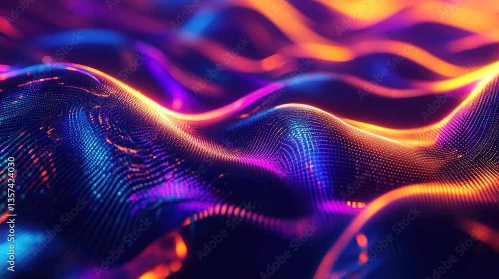 Poster abstract luminous background of flowing wavy lines of digital glowing particle structure
