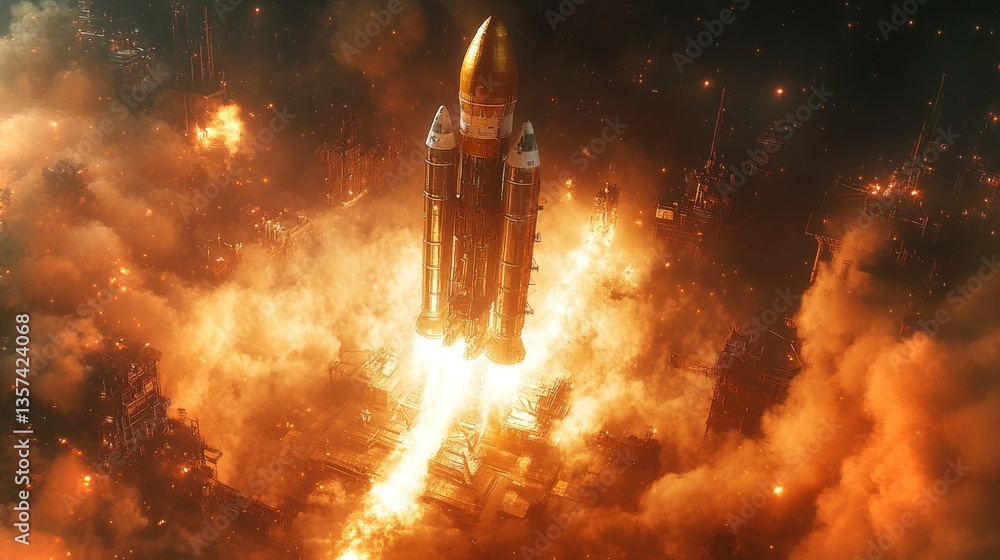 Poster a powerful rocket is lifting off from a launch pad as flames and smoke erupt from its engines, illus
