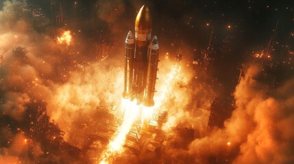 A powerful rocket is lifting off from a launch pad as flames and smoke erupt from its engines, illustrating the intense force of propulsion during a spaceflight launch event under night skies.