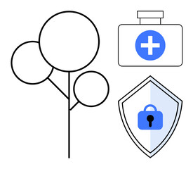 Minimalist line art tree with three circular leaves, medical kit with cross, shield with lock. Ideal for health, security, safety, environmental protection, data protection, healthcare medical