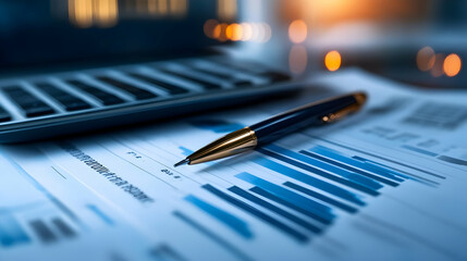 Fototapeta premium Close-up of financial reports with graphs, a pen, and a calculator, symbolizing data analysis and business decision-making.