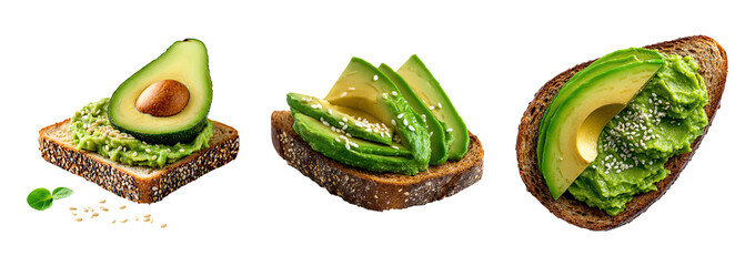 Fresh avocado toast with sliced avocado, green toppings, and sesame seeds, showcasing healthy and vibrant meal option, transparent background.