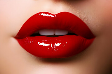 Fototapeta premium Close-up of glossy red lips highlighting beauty and elegance, perfect for fashion, cosmetics, and lifestyle themes.