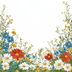 Fototapeta premium Vibrant Floral Arrangement with Daisies and Wildflowers on White Backdrop for Springtime Card Design